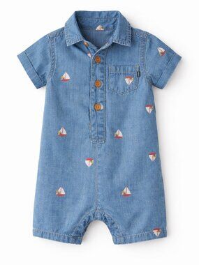 NWT OshKosh B’gosh Baby Boy Romper Sailboat Chambray Short Sleeve Summer Outfit